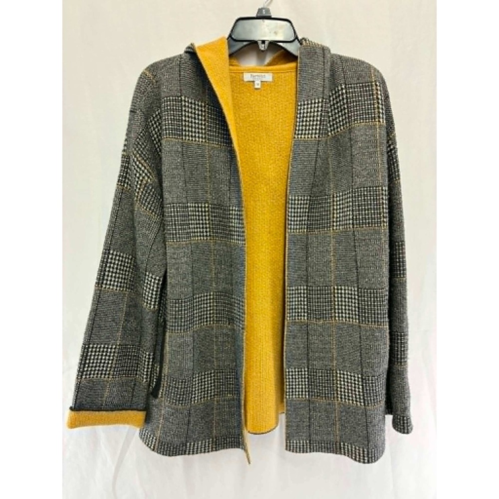 Bartolini Italy Wool Cashmere Blend Hooded Plaid Cardigan Sweater Grey Yellow M
